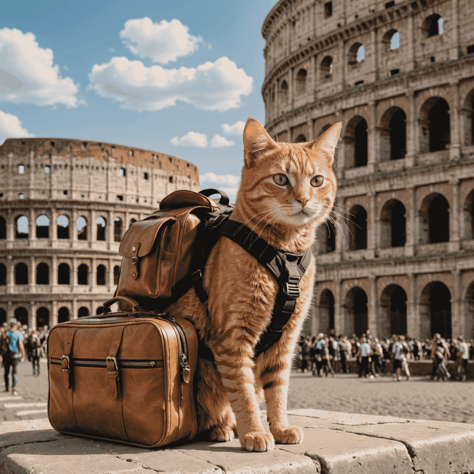 A ginger tabby cat wearing a tiny backpack, sitting on a suitcase in front of the Colosseum in Rome