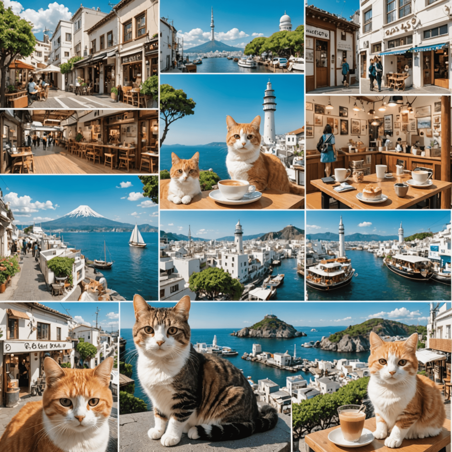 A collage of cat-friendly destinations including a cat cafe in Tokyo, cats lounging on Greek islands, and cats in front of famous landmarks