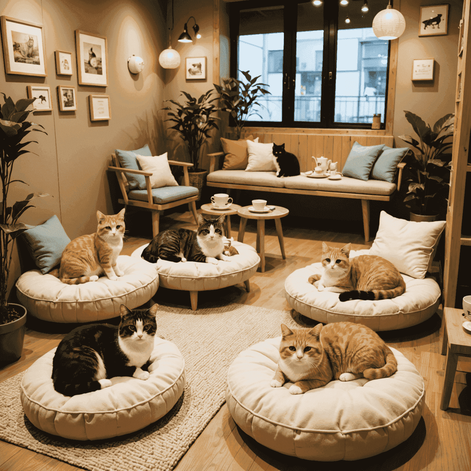 A cozy cat cafe in Tokyo with multiple cats lounging on cushions and cat trees, while visitors enjoy tea and pastries