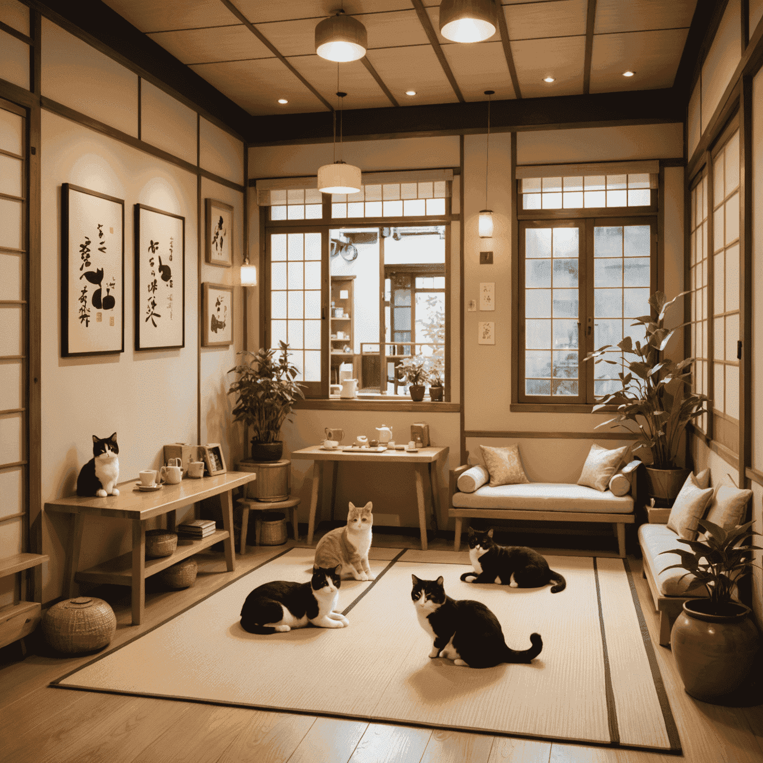 A cozy cat cafe in Tokyo with traditional Japanese decor, featuring tatami mats, low tables, and several contented cats lounging on cushions while patrons enjoy tea