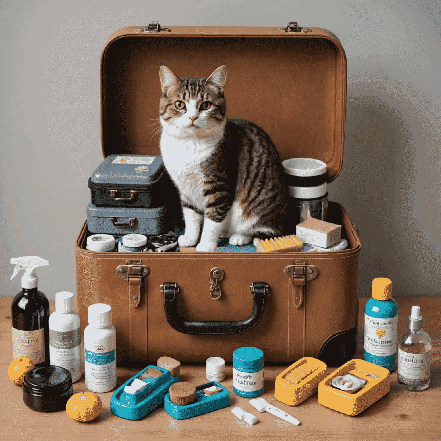 A travel suitcase packed with cat essentials including a carrier, toys, food, and grooming supplies