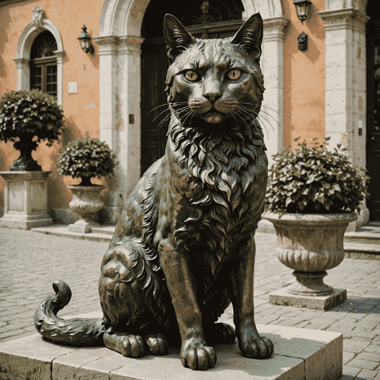 A massive cat sculpture made of weathered bronze, sitting regally in a picturesque Italian piazza. The cat's eyes seem to follow visitors, and its tail curls around a nearby fountain.