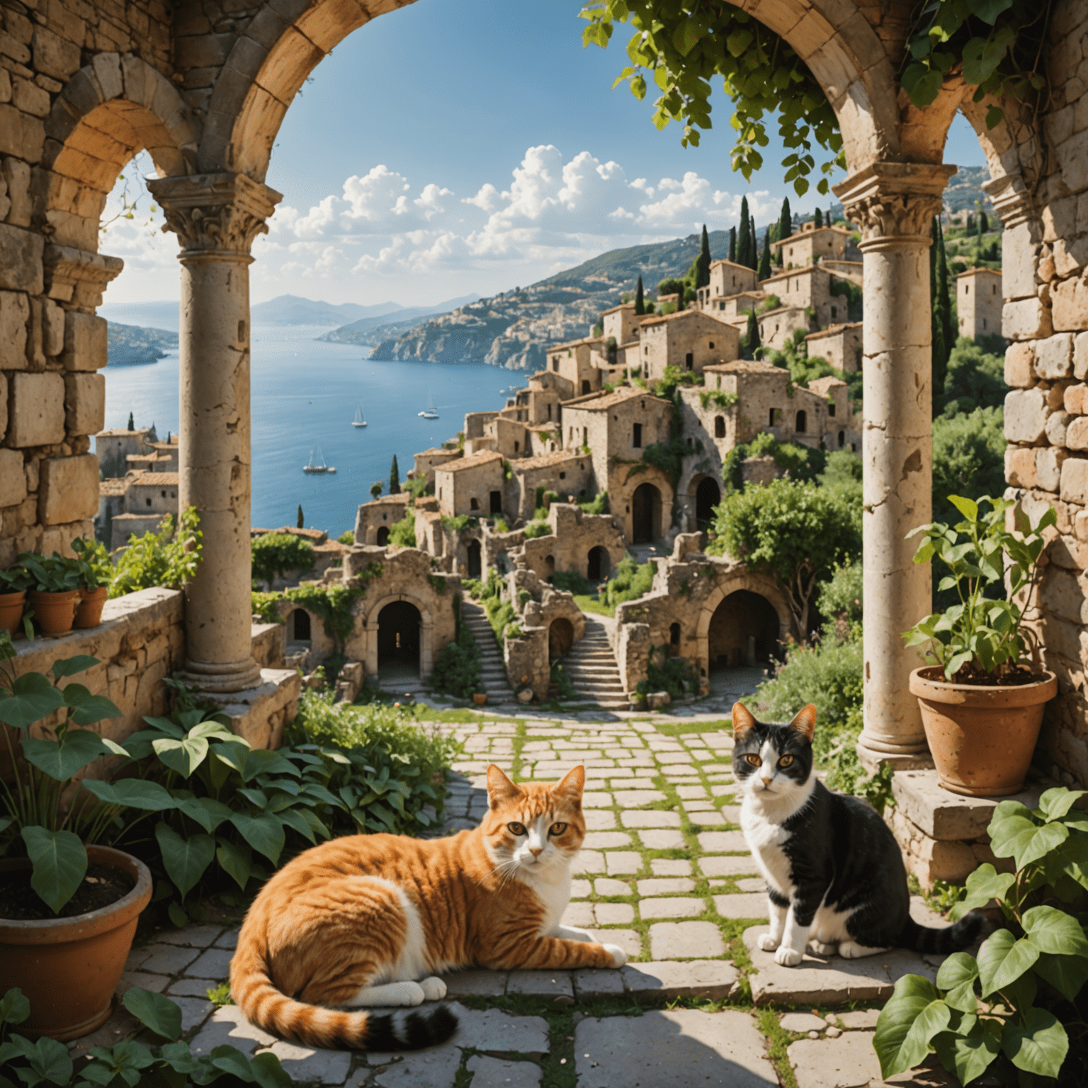 A panoramic view of a beautiful Italian cat sanctuary, with cats lounging on ancient ruins and lush Mediterranean vegetation