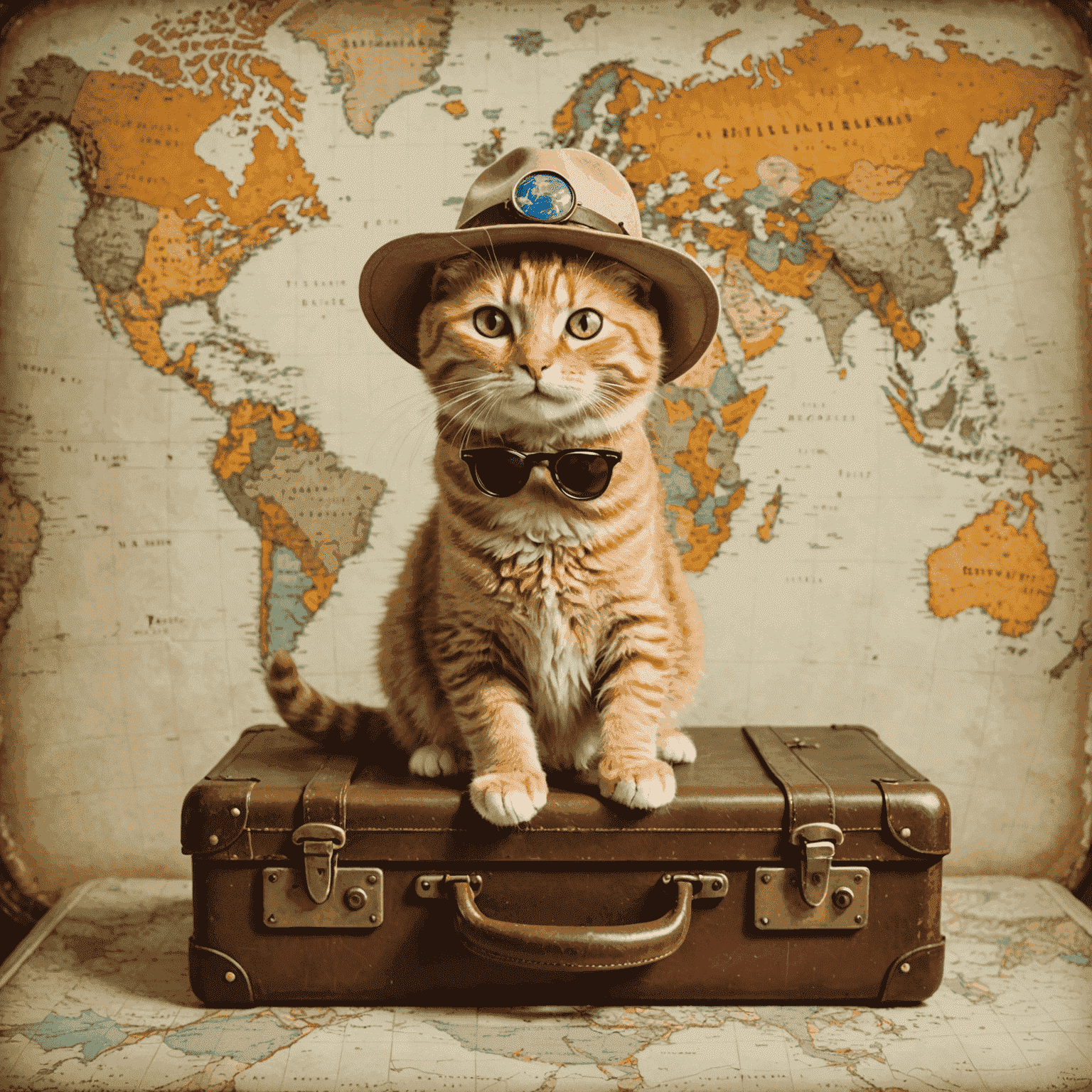 A ginger tabby cat sitting on a vintage suitcase, wearing tiny sunglasses and a miniature explorer's hat, with a world map backdrop