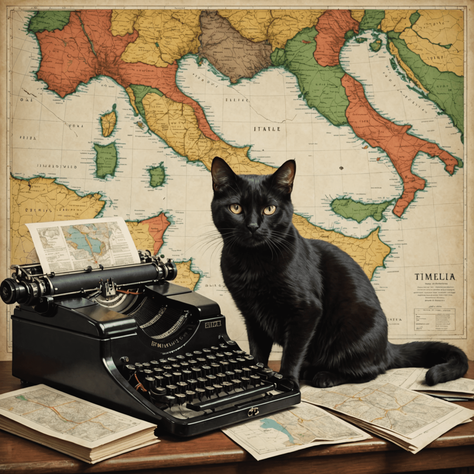 A sleek black cat lounging on a vintage typewriter, surrounded by travel guides and a map of Italy