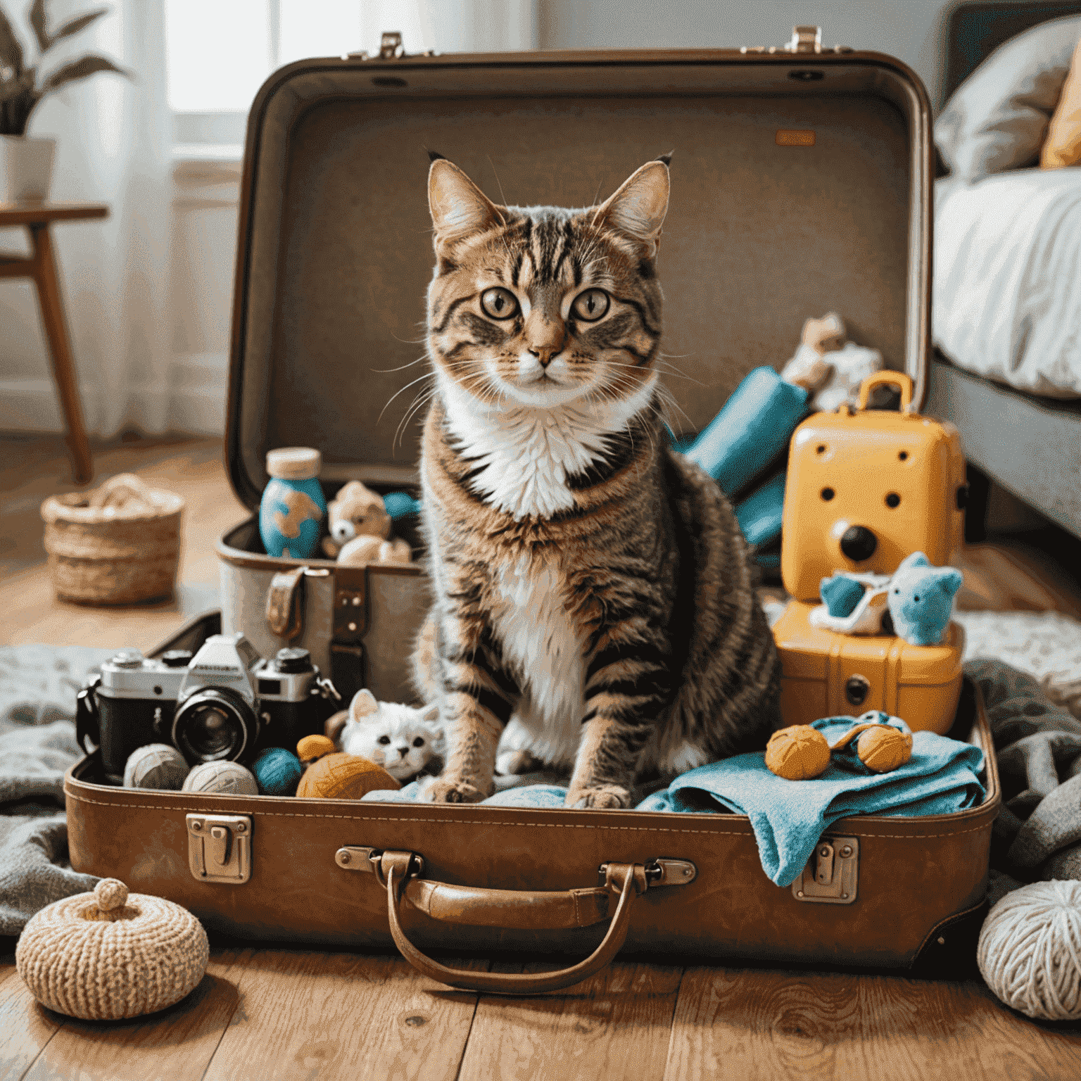 A cat sitting in an open suitcase surrounded by travel essentials like a cat carrier, portable litter box, and cat-friendly toys