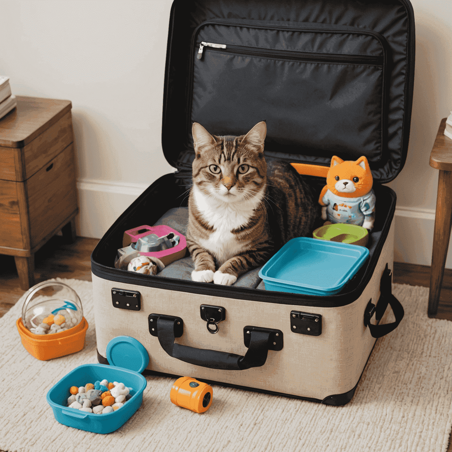 A neatly packed suitcase with cat-specific travel items including a collapsible litter box, portable water bowl, and cat-friendly toys