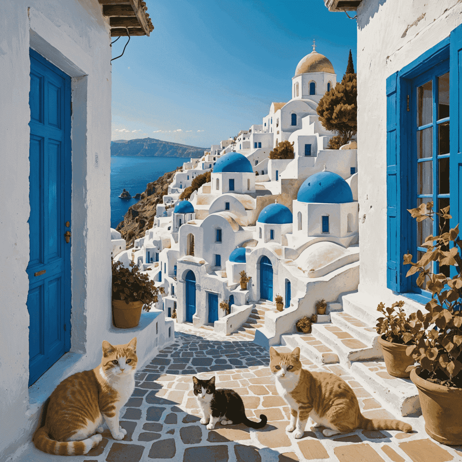 A picturesque Greek island scene with white-washed buildings, blue domed churches, and dozens of cats lounging in the sun-drenched streets and on colorful window sills