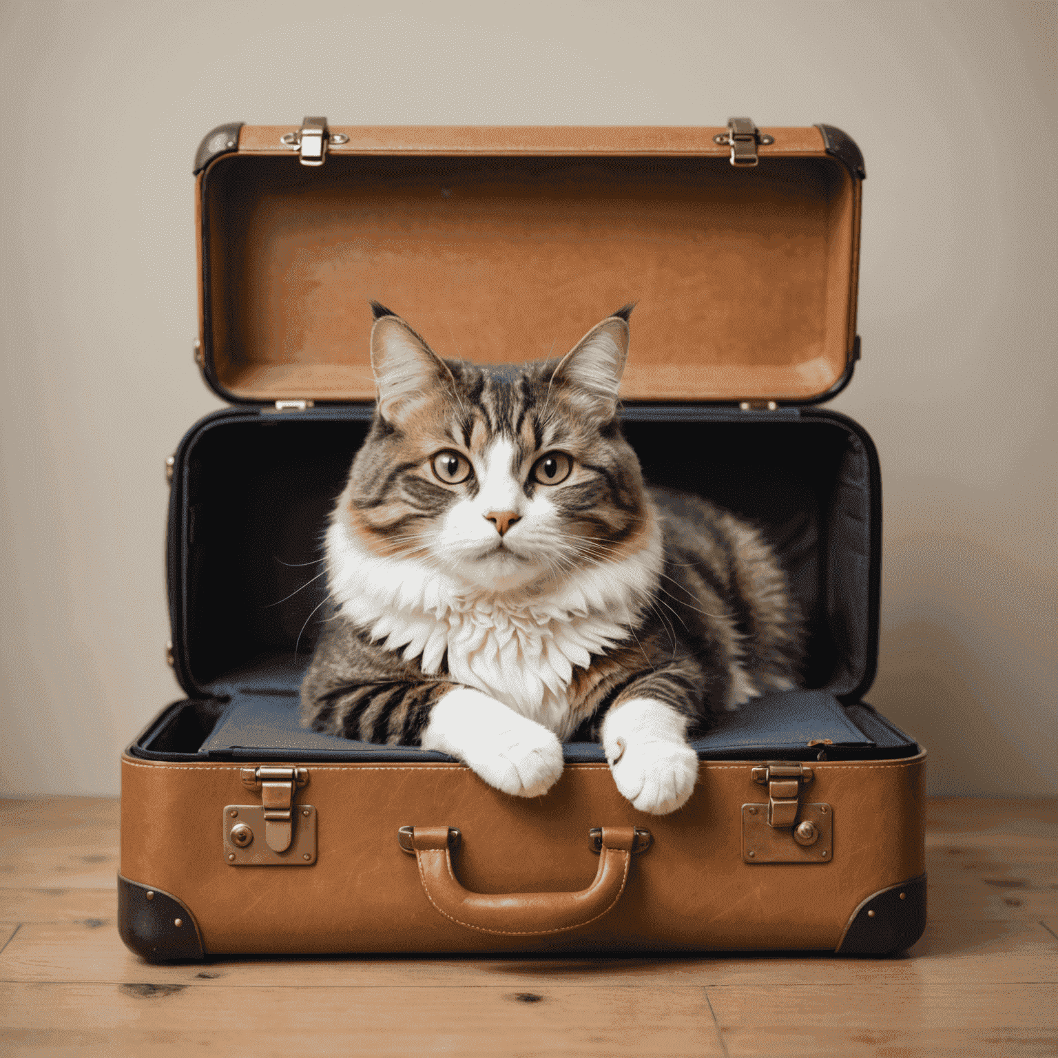 A content cat relaxing in a carrier next to a suitcase, ready for travel