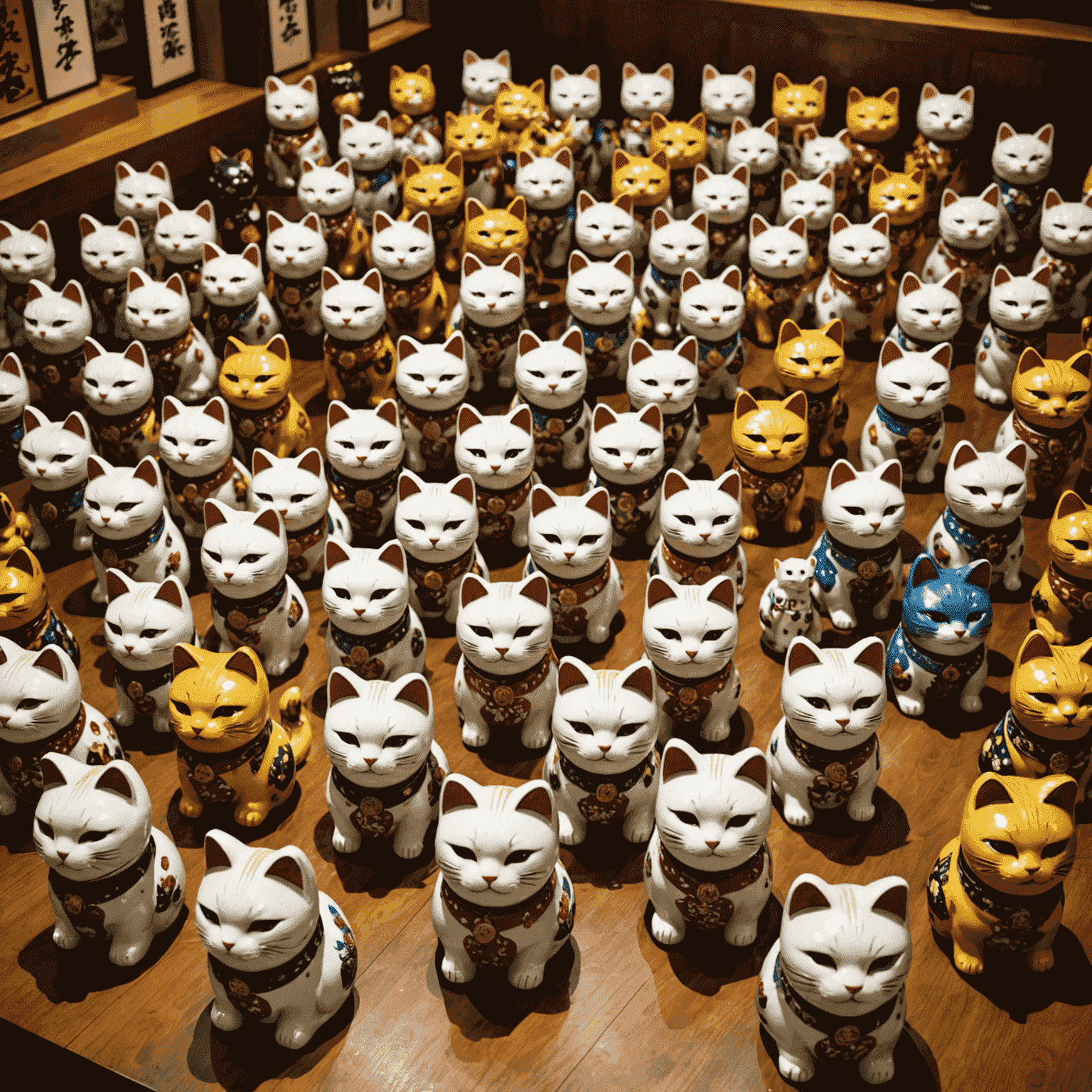 A vibrant display of hundreds of Maneki-Neko (beckoning cat) figurines in various sizes, colors, and styles. The museum interior has a traditional Japanese aesthetic with modern, cat-themed twists.