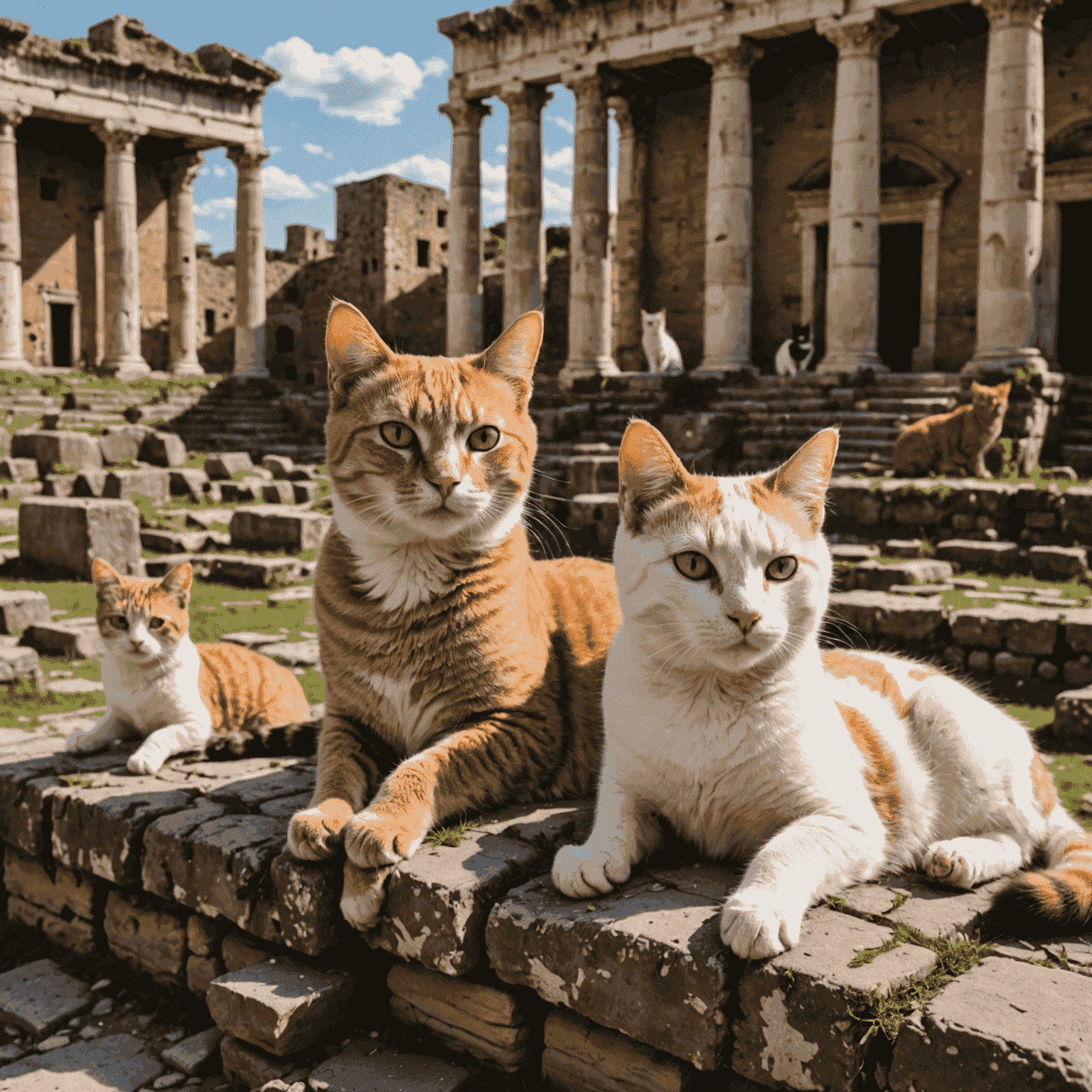 Cats lounging on ancient Roman ruins at Torre Argentina Cat Sanctuary