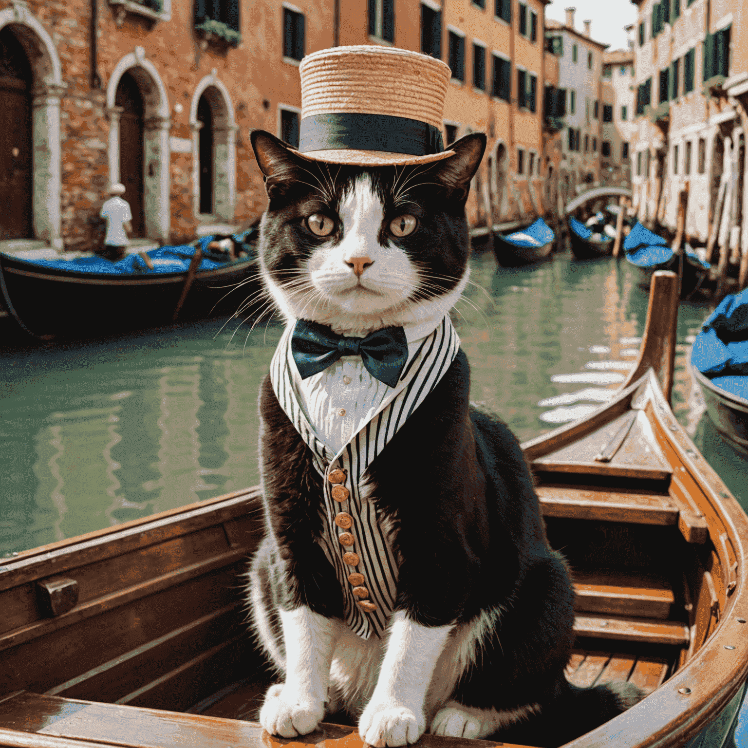 A tuxedo cat sitting regally in a Venetian gondola, wearing a small striped gondolier's shirt and hat