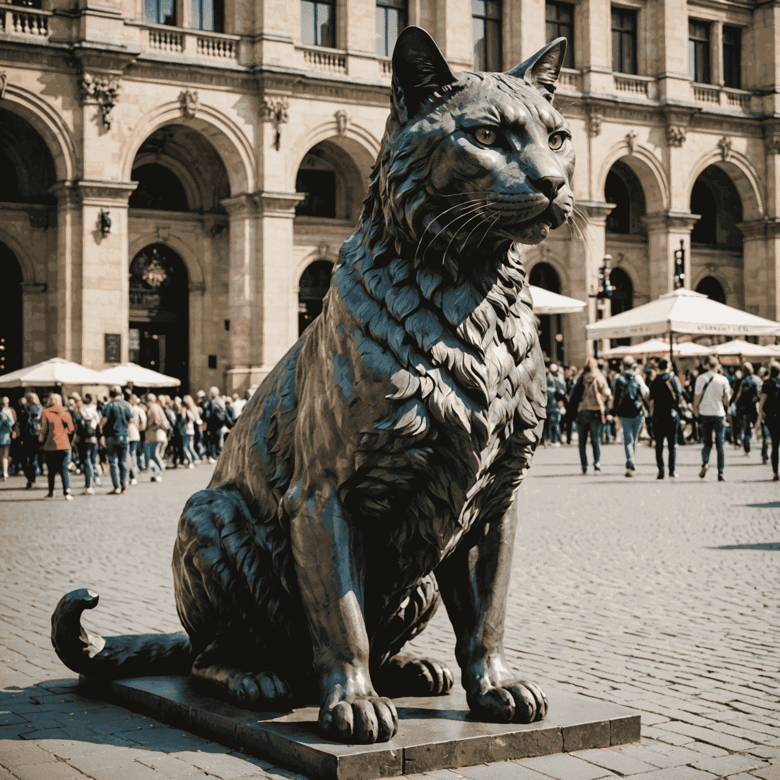 A large, majestic cat statue in a bustling city square, surrounded by tourists taking photos