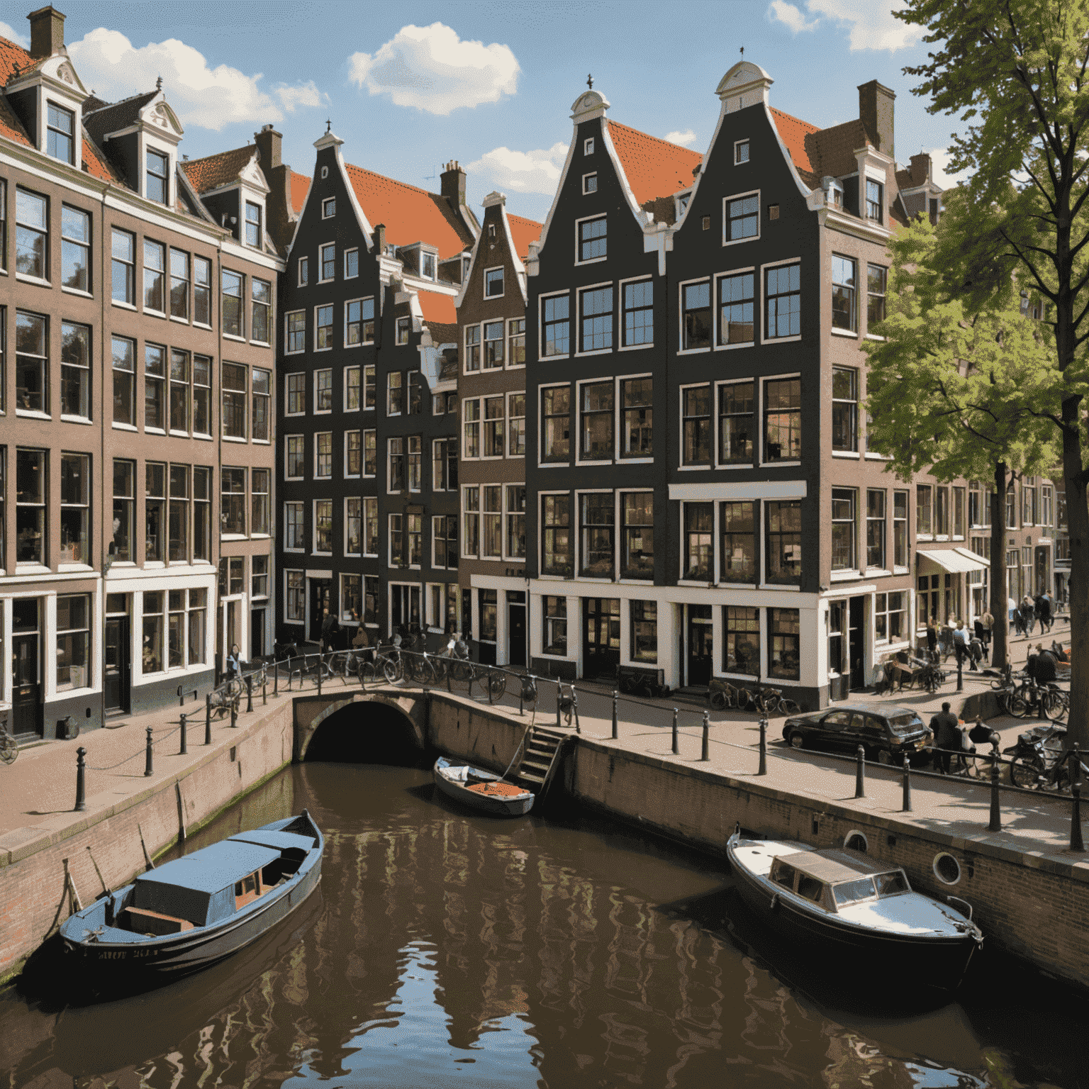 A charming Amsterdam canal scene with historic houses, a small bridge, and several cats perched on boats and along the canal edges