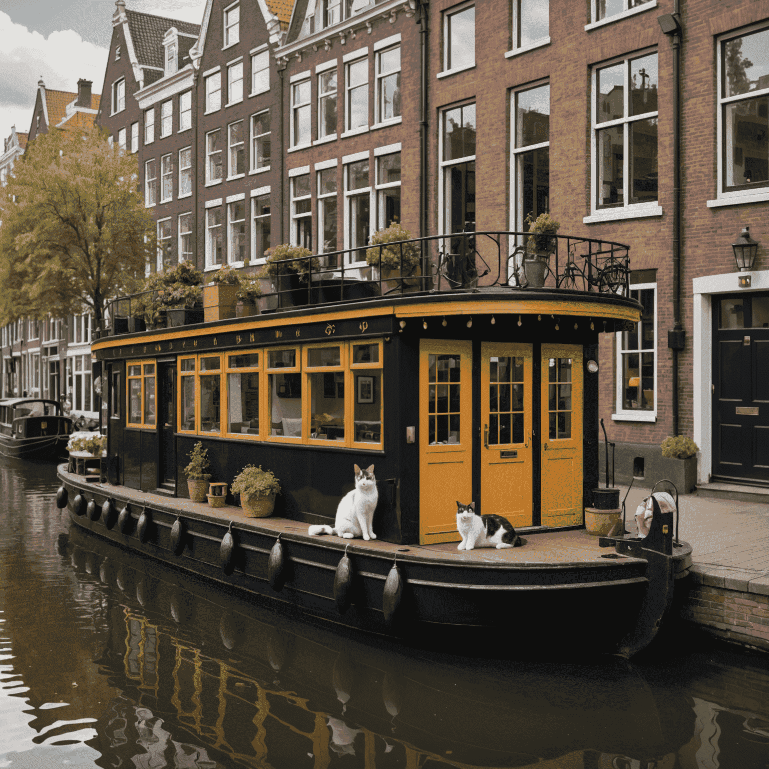 A charming houseboat on an Amsterdam canal, decorated with cat silhouettes and paw prints. Cats can be seen lounging in the windows and on the deck, enjoying the unique floating sanctuary.