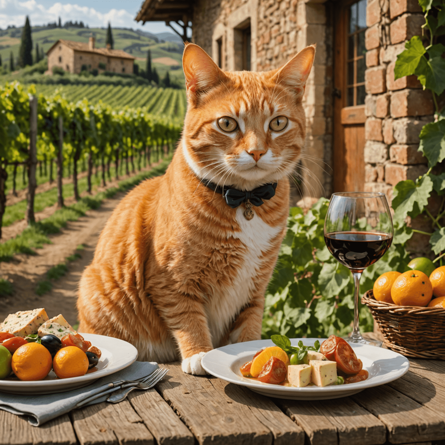 An orange tabby cat sitting on a rustic wooden table in a Tuscan vineyard, surrounded by plates of Italian antipasti and a small glass of 'wine'