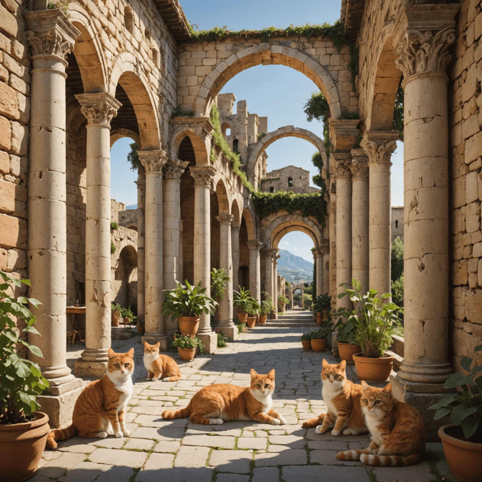 A picturesque Italian cat sanctuary with ancient ruins, where numerous cats lounge in the sun among columns and arches