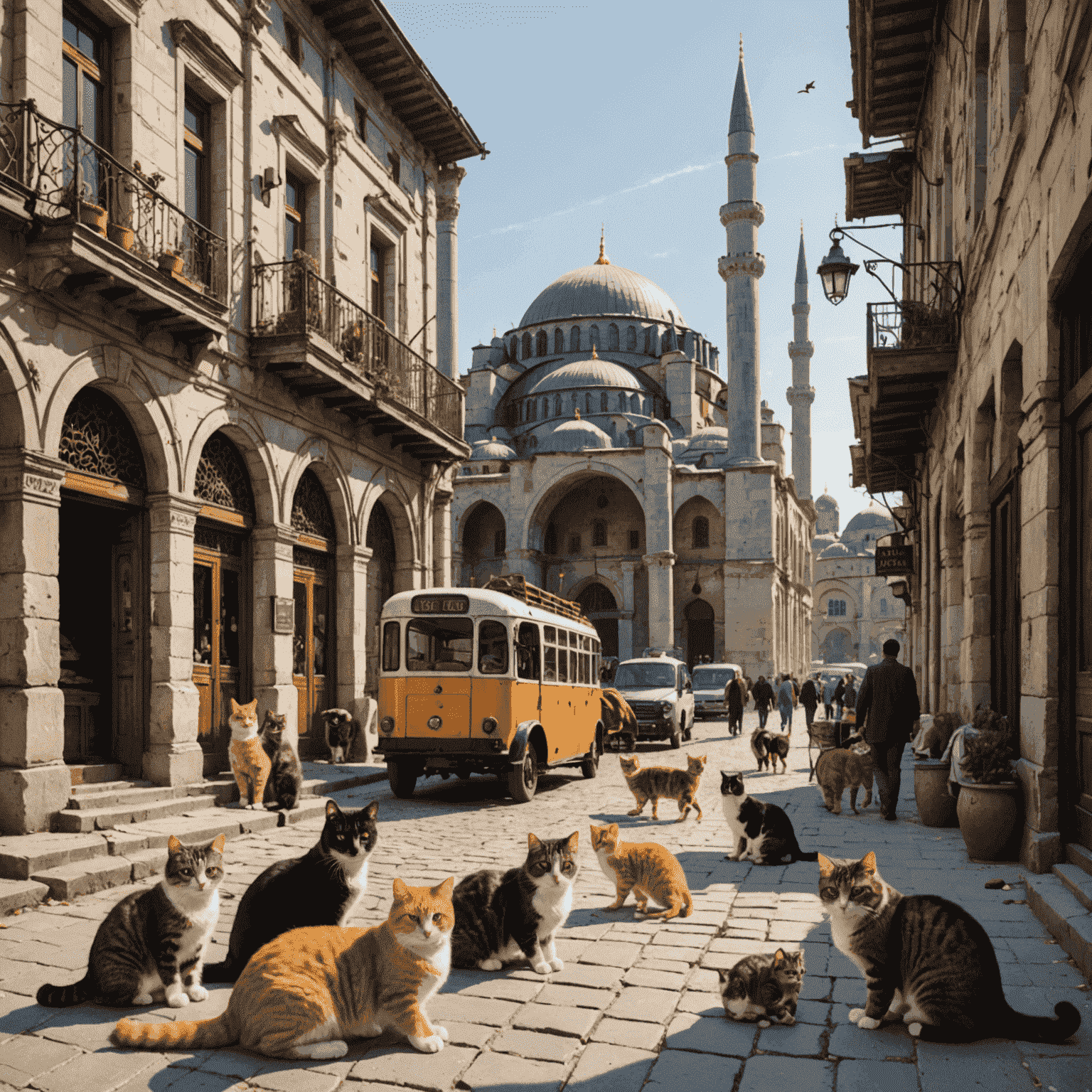 A bustling Istanbul street scene with the Hagia Sophia in the background and numerous cats lounging on ancient ruins, in shop windows, and being fed by locals