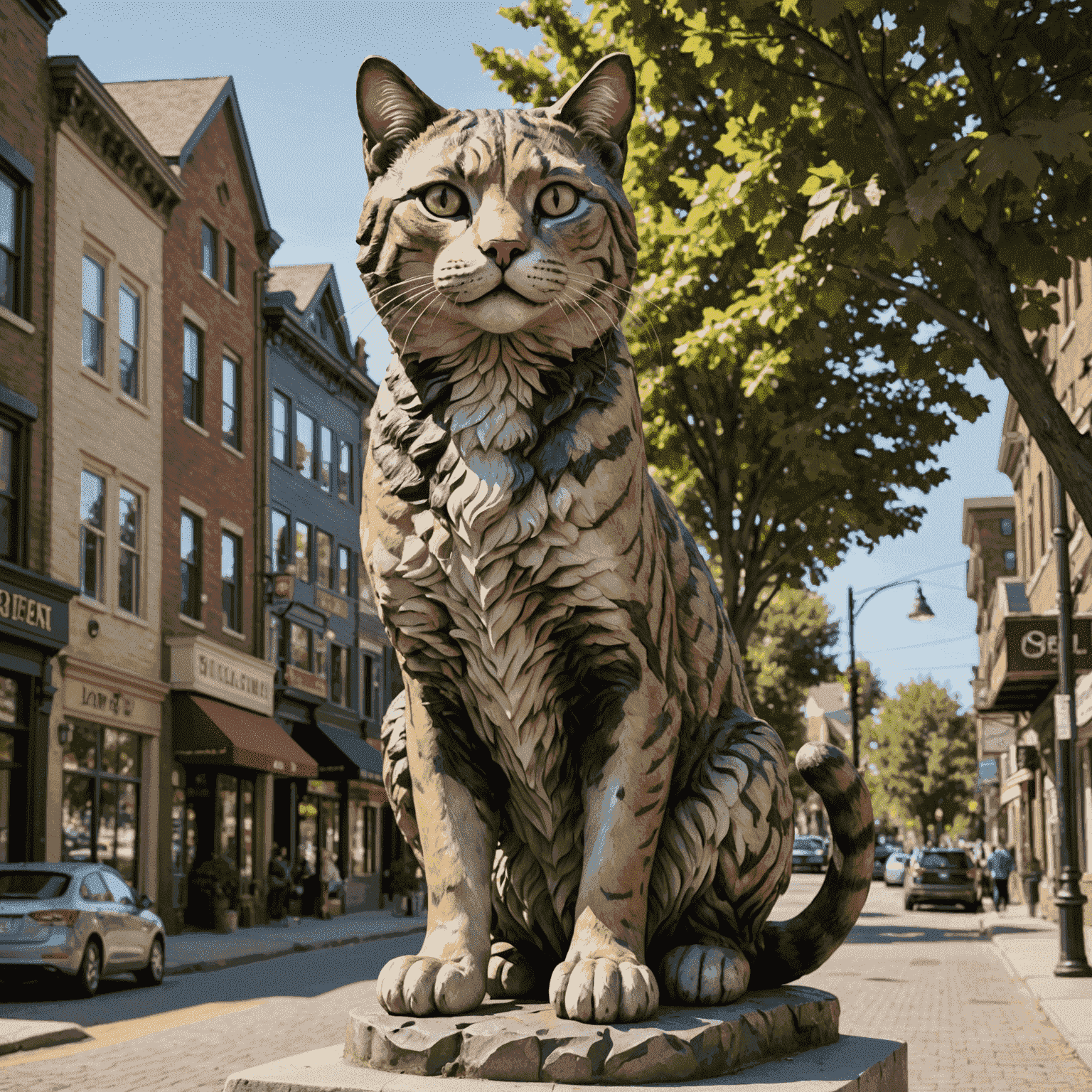 An enormous, lifelike cat statue in a playful pose, appearing to be climbing over a small town. The statue is painted in realistic tabby colors and has become an integral part of the town's skyline.