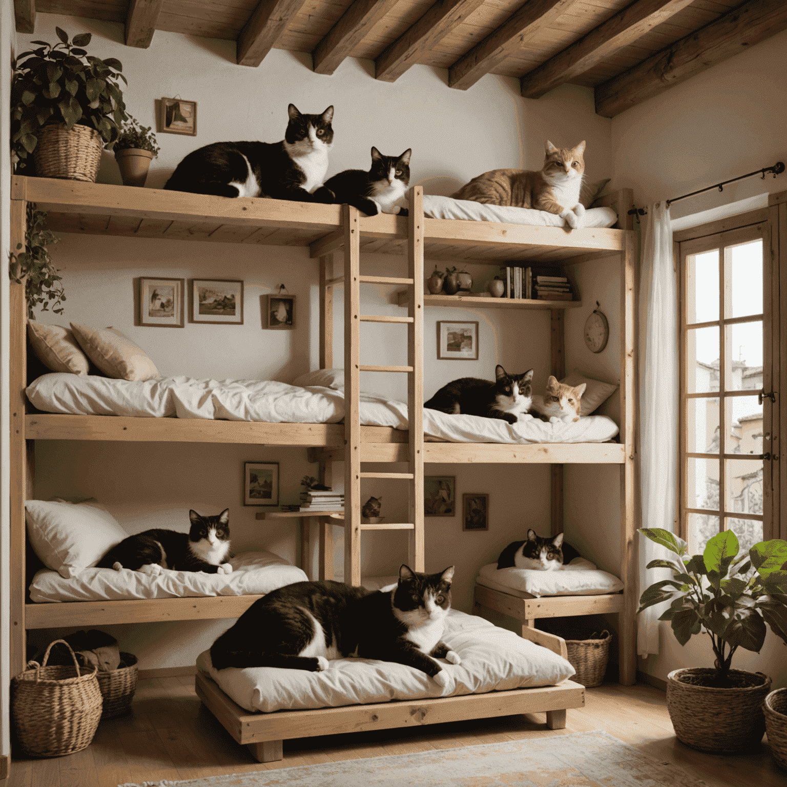 A cozy indoor area of Gattile di Rovereto with cats lounging on comfortable beds and cat trees