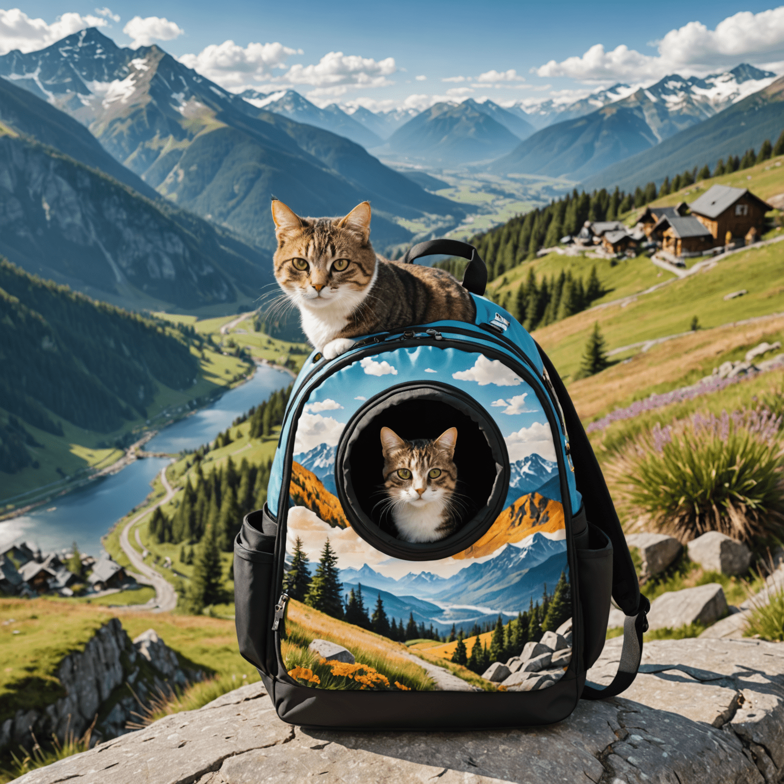 A curious cat peeking out of a specially designed cat backpack, with a scenic mountain landscape in the background