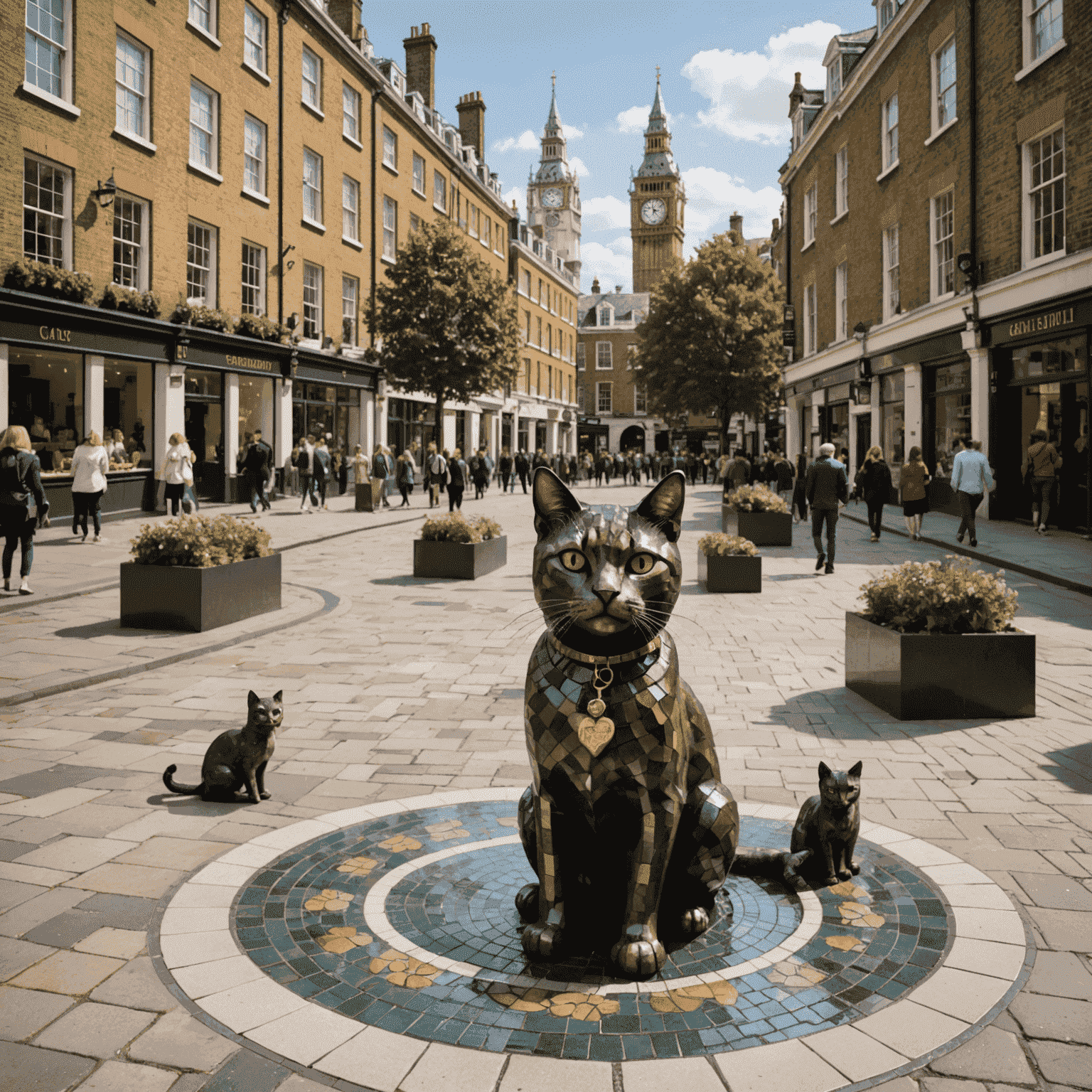 A bustling London square with a central fountain featuring cat sculptures. The pavement is decorated with mosaic cat paws, and surrounding buildings have cat-themed facades and signage.